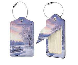 Winter Landscape Luggage Tags for Suitcases, PU Leather Suitcase Tags Identifiers with Stainless Steel Loop, Privacy Cover ID Label with Address Card, Travel Essentials Bag Tag, Black, 4 pcs