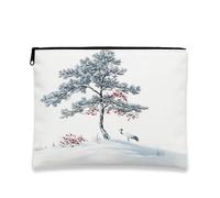 Winter Landscape Makeup Bag, Crane and Pine Tree Cosmetic Travel Pouch for Women, Portable Canvas Zipper Toiletry Organizer 7x9 Inch