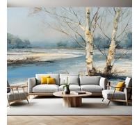 Winter Landscape Murals Photo Wallpaper Watercolor Birch Trees Non-Woven Premium Art Print Fleece Wall Mural Poster Picture Design Modern Boy Girl Bedroom Home Decor 350 x 256cm