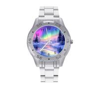 Winter Landscape Northern Light Business Watch for Men Metal Band Watches Casual Gift Three-Hand Wrist Watch for Boyfriend Father