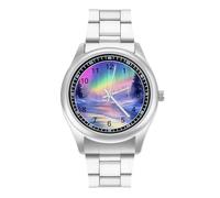 Winter Landscape Northern Light Watch for Men Metal Band Watches Business Gift Three-Hand Wrist Watch for Boyfriend Father