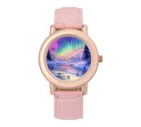 Winter Landscape Northern Light Watch for Women Pink Leather Strap Ladies Watches Round Case Three-Hand Wrist Watch