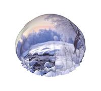 Winter Landscape Shower Cap Reusable Elastic Bath Caps Waterproof Bath Hair Hat for Women Men Spa Salon Large Shower Bonnet Double Layer Bathing Hair Cap for Long Hair, Braids