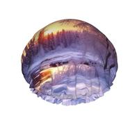 Winter landscape Shower Cap Reusable Elastic Bath Caps Waterproof Bath Hair Hat for Women Men Spa Salon Large Shower Bonnet Double Layer Bathing Hair Cap for Long Hair, Braids