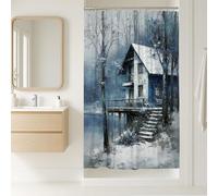 Winter Landscape Shower Curtain, Cozy Blue House with Snow and Trees Bathroom Decor, Rustic Cabin Style for Holiday Season, Waterproof Fabric with Hooks 36x72 Inch