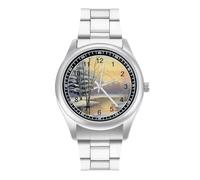 Winter Landscape Snow Tree River Personalized Quartz Watch Stainless Steel Wrist Watches with Arabic Numerals for Men Women