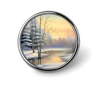 Winter Landscape Snow Tree River Round Brooch Pin Lapel Pins Tie Suit Dress Accessories for Men Women Wedding Birthday