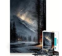 Winter Landscape with Cabin And Meteor Jigsaw 1000 Pieces Memory Skill Fun Smooth Edge Perfect Interlock Fun-filled Way to Fill Empty Hours (38x52cm)