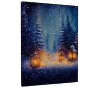 Winter Lantern Canvas Wall Art, Blue Gold Snowy Forest Prints, Cozy Home Aesthetic Decor for Living Room, Bedroom, Office, Wrapped Canvas 8x12 Inch