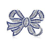 Winter Large Wedding Holiday Royal Blue White Glittering Crystal Pave Bridal Fashion Large Statement Filigree Ribbon Bow Scarf Brooch Pin For Women Silver Plated