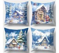 Winter Lodge Landscape Cushion Covers 35x35cm Set of 4 Decorative Throw Pillow Covers 14x14inch Soft Velvet Square Cushion Cases for Home Living Room Sofa Couch Bed Pillowcases