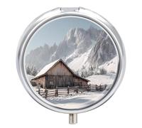 Winter Log Cabin Small Pill Organizer with 3 Compartments Travel Medicine Case Portable Round Vitamin Storage Box