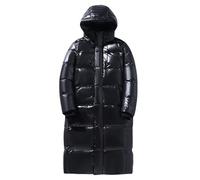 Winter Long Down Jacket Men's Shiny Windproof White Duck Down Warm Jacket Women's Ski Hooded Coat Black XXL