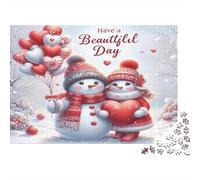 Winter Love Adult Jigsaw Puzzle: Two Snowmen with Red Hearts Educational Game Decompression for Adults Teens & Home Decor 52x38cm/1000pcs