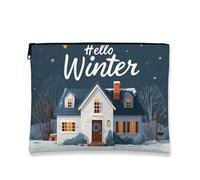 Winter Makeup Bag, Cozy House Design Cosmetic Travel Pouch for Women, Portable Small Canvas Zipper Organizer, Holiday Toiletry Bag, blue, 7x9 Inch, House