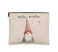 Winter Makeup Bag, Cute Gnome Hello Winter Cosmetic Travel Pouch for Women, Portable Small Canvas Zipper Organizer, Holiday Skincare Toiletry Bag, Beige, 7x9 Inch, Gnome