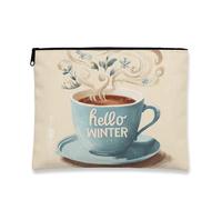 Winter Makeup Bag, Hello Winter Coffee Cup Cosmetic Travel Pouch for Women, Portable Small Canvas Zipper Organizer, Holiday Skincare Toiletry Bag, Blue, 7x9 Inch, Cup
