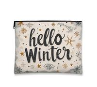 Winter Makeup Bag, Hello Winter Fun Cosmetic Travel Pouch for Women, Portable Small Canvas Zipper Organizer, Holiday Skincare Toiletry Bag, Beige, 7x9 Inch, Winter