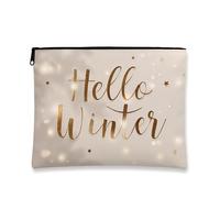 Winter Makeup Bag, Hello Winter Gold Foil Cosmetic Travel Pouch for Women, Portable Small Canvas Zipper Organizer, Holiday Skincare Toiletry Bag, Beige, 7x9 Inch, Pouch