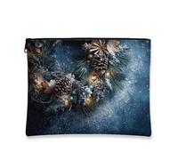 Winter Makeup Bag, Pinecones and Snowy Wreath Cosmetic Travel Pouch for Women, Portable Small Canvas Zipper Organizer, Holiday Skincare Toiletry Bag, Blue, 7x9 Inch, Pinecones