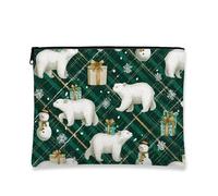 Winter Makeup Bag, Polar Bears and Snowmen Holiday Cosmetic Organizer for Women, Portable Small Canvas Zipper Pouch, Christmas Skincare Toiletry Bag, Green, 7x9 Inch, Winter
