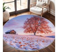 Winter Maple Leaf Cabin Round Rugs 80cm, Non Slip Area Rugs for Bedroom & Living Room - Soft Machine Washable White Snow Field Circle Carpet, Non Shedding Floor Mats for Home Room Decorative