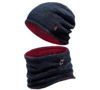 Winter Mens Beanie Hat Scarf Warm Fleece Lined Windproof Knit Ski Women Beanie Skull Cap Neck Warmer Gaiter Set, Blue+red, One Size