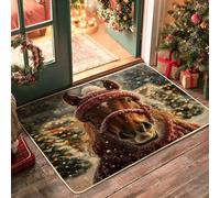 Winter Merry Christmas Horse Pattern Black Door Mat Outside Inside Entrance 29''x17'', Farmhouse Xmas Tree Scenic Outdoor Washable Doormat, Small Happy Holiday Patio Garage Shoes Off Door Rug