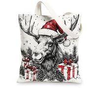 Winter Merry Christmas Moose Canvas Tote Bag for Shopping 13x15, Fun Vintage Xmas Animal Reusable Grocery Print Bag for Women, Happy Holiday Aesthetic Painting Gift Decor
