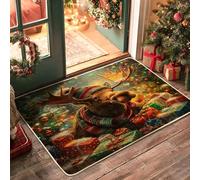Winter Merry Christmas Moose Pattern Black Door Mat Outside Inside Entrance 29x17 Inch, Fun Xmas Tree Animal Outdoor Non Slip Doormat, Small Happy Holiday Print Patio Garage Shoes Off Door Rug