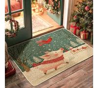 Winter Merry Christmas Pig Pattern Black Door Mat Outside Inside Entrance 29''x17'', Snowman Cardinal Xmas Animal Outdoor Washable Doormat, Small Happy Holiday Patio Garage Shoes Off Door Rug