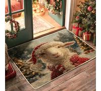 Winter Merry Christmas Sheep Pattern Black Door Mat Outside Inside Entrance 29''x17'', Farmhouse Xmas Tree Scenic Outdoor Washable Doormat, Small Happy Holiday Patio Garage Shoes Off Door Rug
