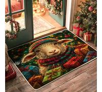 Winter Merry Christmas Sheep Pattern Black Door Mat Outside Inside Entrance 29x17 Inch, Fun Xmas Tree Animal Outdoor Non Slip Doormat, Small Happy Holiday Print Patio Garage Shoes Off Door Rug