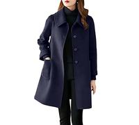 Winter Mid-Length Wool Lapels Solid Color Slim Women's Woolen Coat Jacket Coats for Women Pocket Woollen Coat Long Sleeve Tops Overcoats Cardigans Fall Clothes Outfits Fashion Outerwear (Navy, XXXL)