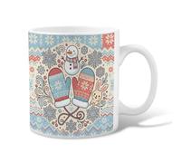Winter Mittens Snow Man Pattern Ceramic Coffee Mug 11oz | Nordic Pattern, Drinking Cup, Fanciful Illustration, Cozy Winter Scene, Snow Man Motif, Seasonal Beverage Ware