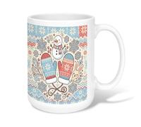 Winter Mittens Snow Man Pattern Ceramic Coffee Mug 15oz | Nordic Pattern, Drinking Cup, Fanciful Illustration, Cozy Winter Scene, Snow Man Motif, Seasonal Beverage Ware