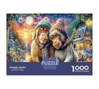 Winter Monkeys 1000 Pieces Jigsaw Puzzle for Men Women, Cozy Winter Wildlife Scene Decorative Puzzle Game for Kids Age 12 Years + 52x38cm/1000pcs
