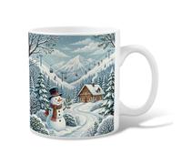 Winter Mountain Cabin Snow Man Scene Ceramic Coffee Mug 11oz | Snowy Mountain Cabin, Tea Cup, Ski Lift Scene, Cozy Winter Landscape, Rustic Chalet, Seasonal Home Decor