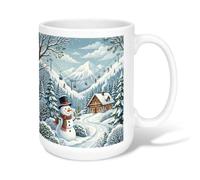 Winter Mountain Cabin Snow Man Scene Ceramic Coffee Mug 15oz | Snowy Mountain Cabin, Tea Cup, Ski Lift Scene, Cozy Winter Landscape, Rustic Chalet, Seasonal Home Decor
