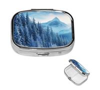 Winter Mountain Square Metal Pill Box 2 Compartment Cute Travel Pill Organizer Case Portable Medicine Vitamin Organizer Pill Case for Women Men Travel Unique Gift