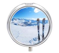 Winter Mountains Ski Equipment Pill Organizer Round Pill Box Travel Pill Case Medicine Organizer for Pocket Purse