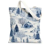Winter Nature Canvas Tote Bags, Rustic Landscape Print Reusable Grocery Bags, Vintage Lightweight Washable Shoulder Strap Canvas for Travel Shopping Outdoors 13x15 Inch