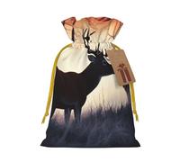 Winter Nature Deer Printed Christmas Drawstring Bags,M | Reusable Xmas Gift Storage Bags, Yellow Christmas Ribbon
