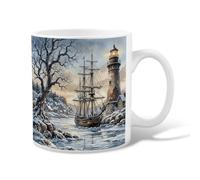 Winter Nautical Lighthouse Scene Ceramic Coffee Mug 11oz | Nautical Landscape, Tea Cup, Sailing Ship Illustration, Coastal Decor, Winter Scenery, Serene Maritime Theme