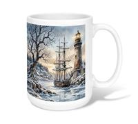 Winter Nautical Lighthouse Scene Ceramic Coffee Mug 15oz | Nautical Landscape, Tea Cup, Sailing Ship Illustration, Coastal Decor, Winter Scenery, Serene Maritime Theme
