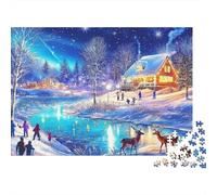 Winter Night Scenery 1000 Piece Jigsaw Puzzle for Adults Paper Puzzle Cabin by Lake Focus Gift Relax Home 52x38cm/1000pcs