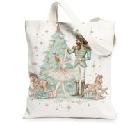 Winter Nutcracker Canvas Tote Bags, Ballet Dance Holiday Pattern Reusable Bags, Vintage Lightweight Washable Shoulder Strap, White, 13x15 Inch