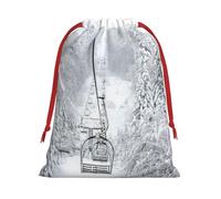 Winter Old Cable Ski Lift Print Christmas Drawstring Gift Bags, Xmas Holiday Fabric Gift Wrapping Bag For Party, Size-L