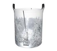 Winter Old Cable Ski Lift Print Collapsible Circular Laundry Hamper - Waterproof Canvas Basket With Handles For Kids Toy Storage, Dirty Clothes Organizer For Bedroom/Laundry Room