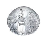 Winter Old Cable Ski Lift Printed Double-Layer Shower Cap, Reusable Shower Cap, Suitable For Various Hair Lengths